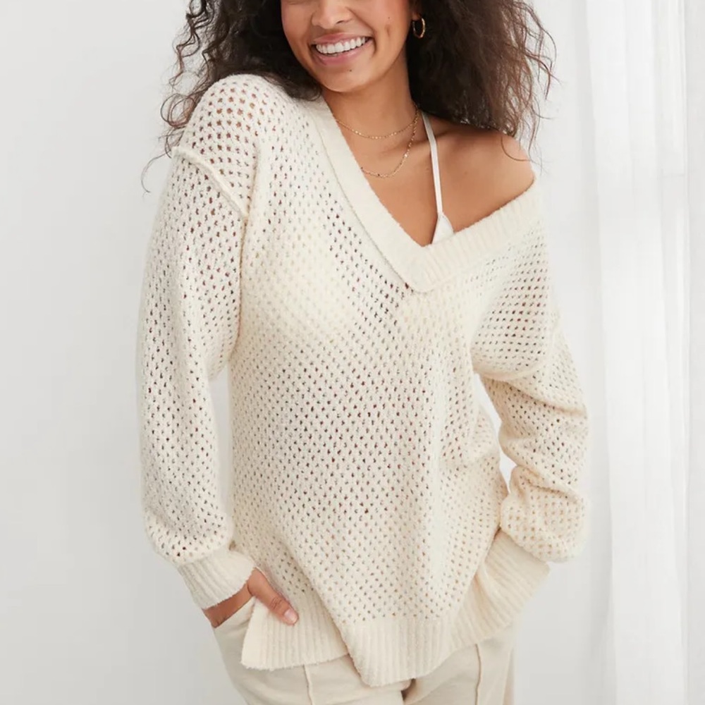 Aerie Open Weave Oversized V-Neck Sweater Cream XL
